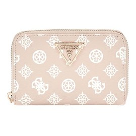 GUESS Floral Beige Modern Ladies Women Fashion Faux Leather Compact Purse Metal Logo Zipper, beige
