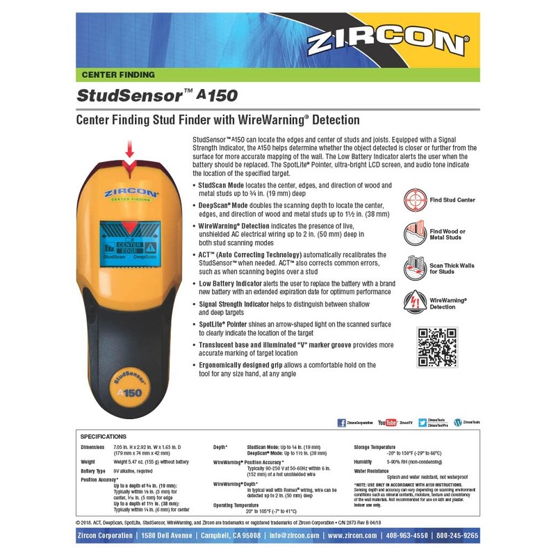 Zircon StudSensor A150 Wall Scanner and Center/Edge Locating Stud Finder