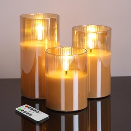 Eywamage Gold Ribbed Glass Flameless Candles with Remote, Flickering LED Pillar Candles Real Wax, Set of 3