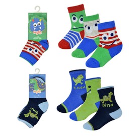 Baby Boys 6 Pairs Cotton Rich Tot Socks | Toddler, Infant, Newborn, Child | Fun Designs Cars, Trucks, Monsters, Dinos | Soft, Comfortable, Cozy, Warm for All Seasons | 0-24 Months, 0-2 Years Old