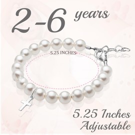 Baby Crystals Sterling Silver Cross Charm Bracelet for Girls Christening, Baptism Gifts, Girls Jewelry with White Simulated Pearl Bracelets for Girl, Newborn, Infant, Toddler, Teens