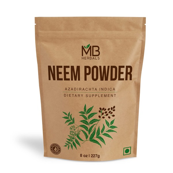 MB Herbals Pure Neem Powder 8 oz | 227 Gram / 0.5 LB Pure Wild-Crafted Neem Leaf Powder | Very Bitter Neem Supplement for Skin Hair & Detox | Azadirachta Indica - Packaging May Vary