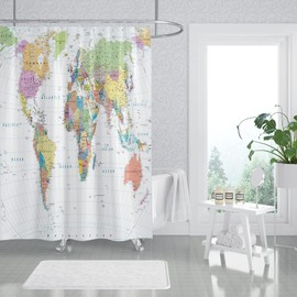 OERJU 65x72inch World Map Shower Curtain Educational Geography Countries Colorful Bath Curtain Waterproof Polyester Fabric Bathroom Decor Set with Hooks Hotel Quality
