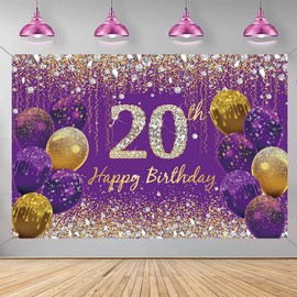 20th Birthday Decorations for Women, Purple Glitter Spots Fabric Sign Poster Birthday Party Decoration Background Banner Woman, 20th Birthday Party Decoration