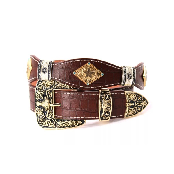 West Belt Coffee Silver Star Gold Concho Crocodile Pattern for