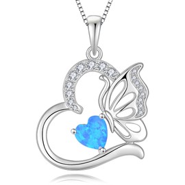 YIFSIY Butterfly Opal Necklace for Women 925 Sterling Silver Blue Opal Heart Pendant Jewelry Gift