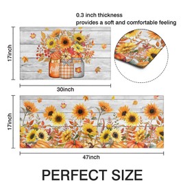 Fall Kitchen Rugs Set of 2,Fall Entrance Door Mat Pumpkin Sunflower Non Slip Kitchen Rug for Kitchen Floor Waterproof Washable Rug Runner for Fall Thanksgiving Kitchen Laundry 17x30+17x47In