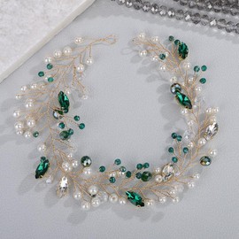 Teyglen Gold Green Rhinestone Pearl Wedding Headband Bridal Hair Vine Simple Crystal Hair Piece Dainty Hair Accessories for Women Wedding Headpiece (Gold-green)