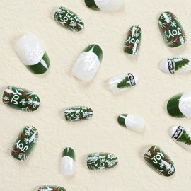 24 Pcs Christmas Press on Nails Short Almond Green Fake Nails Christmas Tree and Letter Designs White Full Cover False Nails with Cute French Nails Stick on Nails for Women Girls Christmas Nails