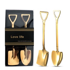 Yaozeio Golden Shovel Spoons Set of 2 for Desserts, Ice Cream, Tea, Coffee, Couple Gifts