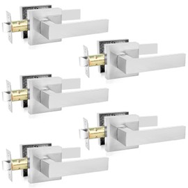 Passage Door Levers, 5 Pack Satin Nickel Heavy-Duty Door Handles, Square Non-Locking Door Knobs, Right and Left Handed for Closets, Hallways and Conference Rooms