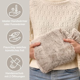 Blumtal Premium Wärmflasche mit Bezug & Tasche aus weichem Kunstfell - Wärmeflasche aus Naturkautschuk - Wärmflasche mit Handwärmer - Wärmflasche mit Tasche für Hände - auslaufsichere Bettflasche Grau