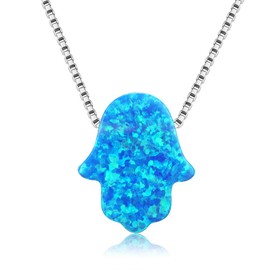 Kaletine Hamsa Hand of Fatima Necklace Sterling Silver Blue Synthetic Opal Pendant 11x13mm Box Chain 16"+2" Ext.