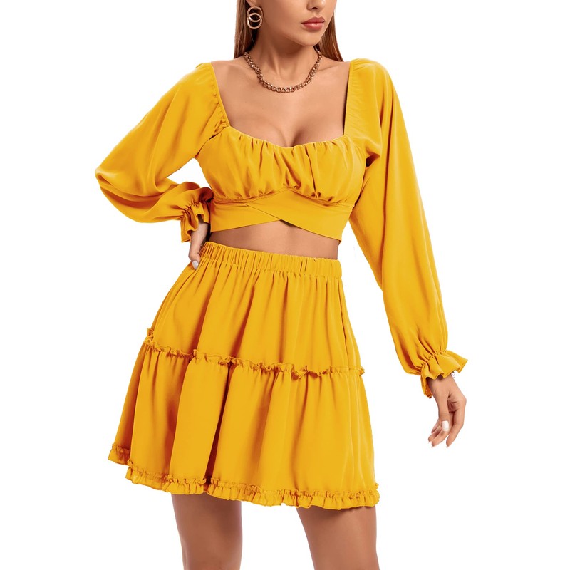 LYANER Women's 2 Piece Outfits Self Tie Knot Crop Top