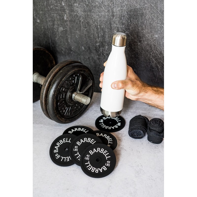 Barbell Bumper Plate Drink Coasters Set of 6, Round Black