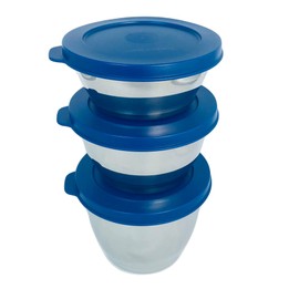 Tupperware Set of 3 Tiffin 200 ml + 300 ml + 450 ml Stainless Steel Metal Silver Dark Blue Lid - Clear Collection Bowl Fridge Tin Box Container