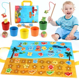 ZippyZoom Wooden Toddler Toys Fishing Game: Montessori Sensory Toys for 1 2 3 Year Old Boys Girls - Birthday Baby Gifts for 1 2 3 Year Olds - Color Sorting Shape Learning for Kids