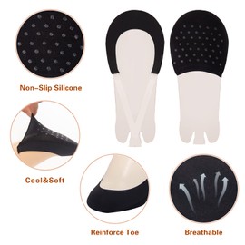 MANZI Invisible Half Toe Topper Socks Slingback Liner Socks with Transparent Elastic Strap 6 Pairs Black