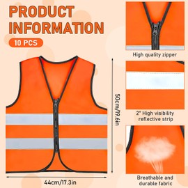 10 Pcs Kids High Vis Vest, Children’s Safety Vests Bulk with Reflective Strips, Orange High Visibility Jackets with Zipper for Aged 3-10 Toddler Boys Girls Cycling Running Preschool