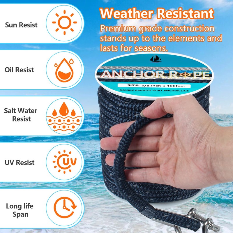 Anchor Rope 100 Ft 3/8 in, Double Braided Anchor Line