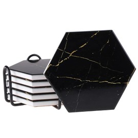Coaster Ryca The Series 1.1,Hexagon Coasters for All Drink Types, 6pc Set with Holder, Modern and a Great Gift, Ceramic Durable Cork Base, Black Gold Marble Pattern Matte Finish
