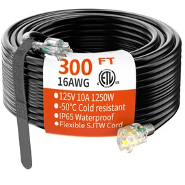 HUANCHAIN 300 FT 16 Gauge Black Indoor Outdoor Extension Cord Waterproof, Flexible Cold Weather 3 Prong Electric Cord Outside, 10A 1250W 125V 16AWG SJTW, ETL Listed