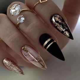 Almond Press on Nails Medium Fake Nails with Glitter Design Marble Acrylic Nails Full Cover Artificial Nails Glossy False Nails Foil Line Stick on Nails Cute Glue on Nails for Women and Girls Manicure
