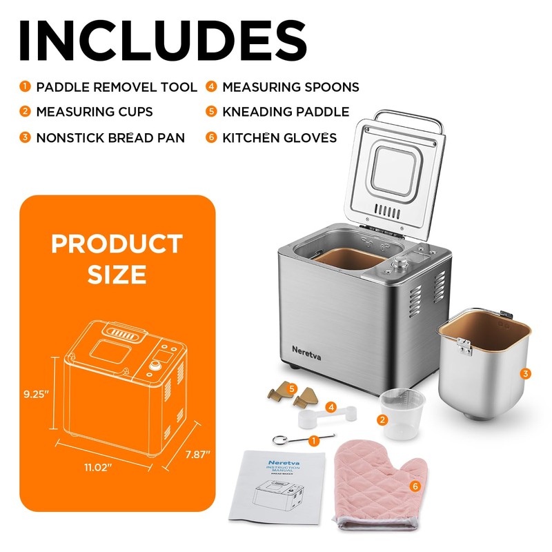 Neretva Bread Maker, 20-IN-1 2LB Bread Machine Dual Heater Bread