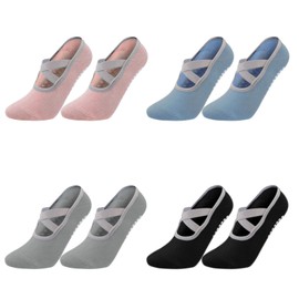 VEGCOO Women Non Slip Yoga Socks Black + Grey + Pink + Blue 36, Black, grey, pink, blue