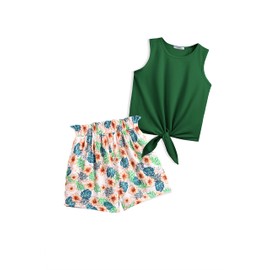 Arshiner Girls Summer Clothes 2 Piece Outfits Cute Clothing Boho Green Tank Top Floral Leaf Pocketed Shorts Sets