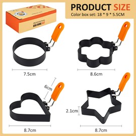 Axigundaone 8 Pcs Pancake Mold for Griddle, Egg Ring Set with Orange Silicone Handle, Stainless Steel Egg Molds for Frying Eggs, Omelet, Muffins (Assorted and Round Style)