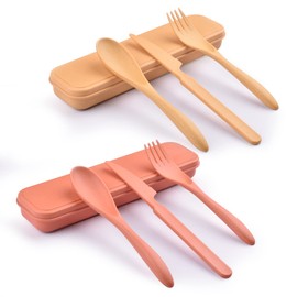 2 Sets Reusable Utensil Set with Case, Portable Camping Fork Knife Spoon Set, Wheat Straw Travel Utensils for Lunch Box, for School Work Lunch or Daily Use (Yellow, Orange)