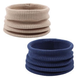 Bamery Kids Knit Scarf Boys Girls Neck Warmer Soft Warm Infinity Scarf Neck Gaiter for Fall Winter 2-Pack (Denim Blue+Beige, One Size)