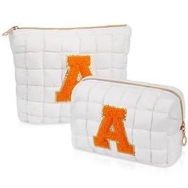 2PCS Initial Checkered Makeup Bag, Quilted Cosmetic Bag, Cute Make up Pouch for Purse, Travel Toiletry Storage Bag for Women Preppy Teen Girls Gift Trendy Stuff Gift (White A)