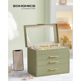 SONGMICS Jewelry Box with Glass Lid, 4-Layer Jewelry Organizer, 3 Drawers, for Sunglasses, Big Jewelry, Jewelry Storage, Modern Style, Laurel Green UJBC161C02
