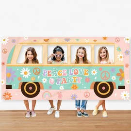 Vansolinne Groovy Booth Props Hippie Bus Banner Selfie Frame Banner Boho Rainbow Daisy Selfie Retro 60s 70s Party Decor Favors Four People Peace Love Party Decorations