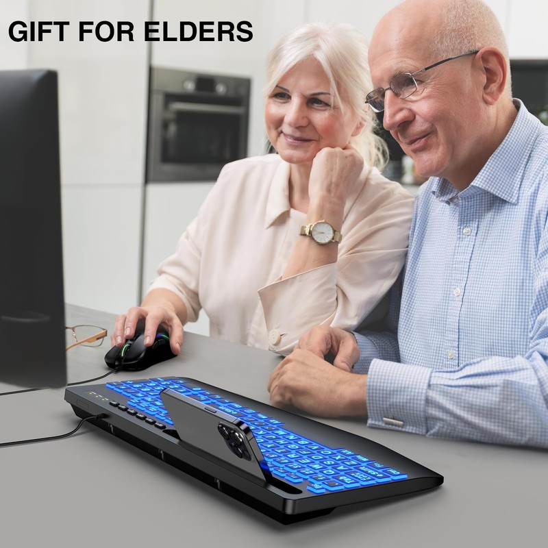 Wired Keyboard Mouse Combo - Large Print Backlit, Ergonomic Wrist