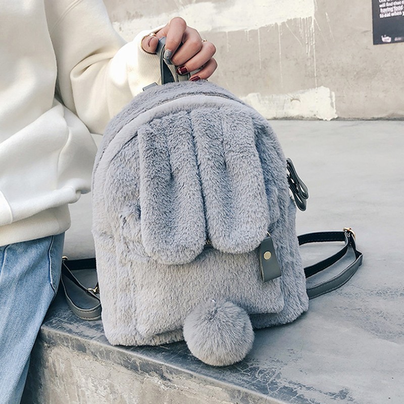 Women Bunny Backpack Plush Mini Fluffy Rabbit Ear Backpack Fuzzy