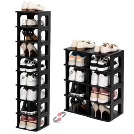 TRZZ 10-Tier Small Shoe Rack, Vertical Narrow Stackable Organizer with Removable Partition, Efficient Shoe Storage for Closet, Entryway, and Small Spaces (Black)