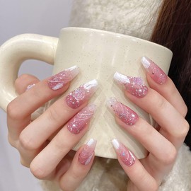 NLSJMP,10Pcs,Size S, 3D Handmade Long Balerina Press on Nails,Ombre Acrylic Fake Nails Kit,Glitter Pearl Design Nail Art Kit,Reusable False nails,Include Toolkit,Camellia