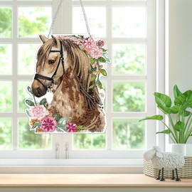 BOWETILE Horse Hanging Diamond Art Painting Kits for Adults Beginners, 5D Special Shape Flower Diamond Art Pendent Kits, Crystal Rhinestones Diamond Gem Art Painting for Home Garden Wall Decor