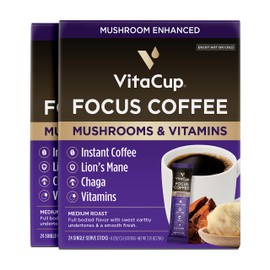VitaCup Focus Mushroom Coffee Instant Packets, for Memory & Clarity Support, w/Fiber, Chaga, Lion’s Mane, D3, B Vitamins, Medium Roast, 100% Arabica & Robusta Coffee in Single Serve Sticks, 48 Ct