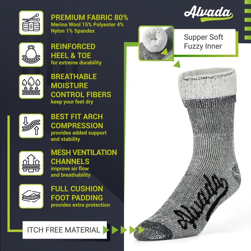Alvada Merino Wool Hiking Socks Thermal Warm Crew Winter Boot