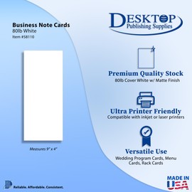 80lb White 4" x 9" Business Note Cards - 100 Blank Cards for Menu Cards, Program Cards, Rack Cards