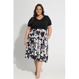 CARCOS Plus Size Dress for Women Summer Patchwork Short Sleeve Dresses White Floral Elegant V Neck Tiered Tshirt Dress with Pocket High Waist Beach Midi Dress XL 14W 16W