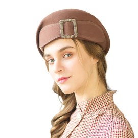 Vintage Women British Top Beret with Bow Wide Brim Bowler Fedoras Ladies Floppy Derby Hats Wool Felt Cloche Cap Light Brown