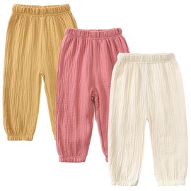 GFQLONG Toddler Baby Girls 3 Pack Elastic Waist Trousers Soft Cotton Linen Harem Bloomers Summer Fall Long Pants,Pink&Yellow&White,3-4T