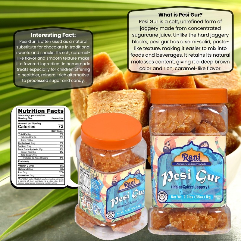 Rani Pesi Gur (Jaggery) Indian Unrefined Raw Cane Sugar 35oz