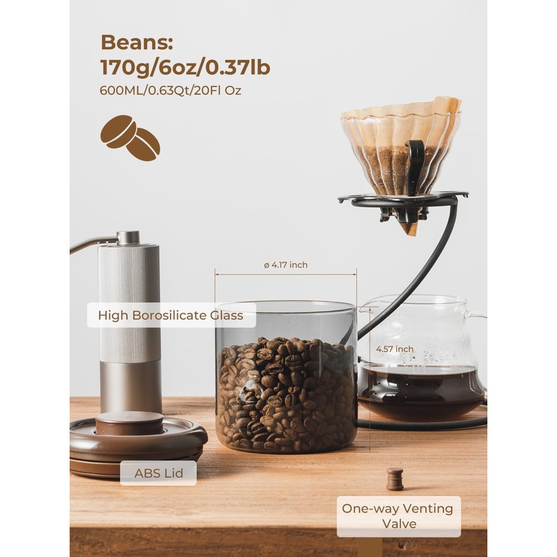 Tourdeus Airtight Coffee Bean Storage Canister – 7 oz Borosilicate