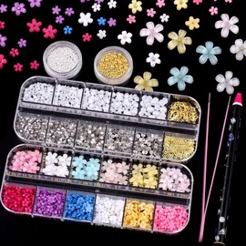 GZMAYUEN 3D Flower Nail Charms and Rhinestones Nails, Colourful Acrylic Flower Charms for Nails Design, 4 Boxes Nail Art Rhinestone and Flatback Pearl Nail Charms, Silver Gold Caviar Beads